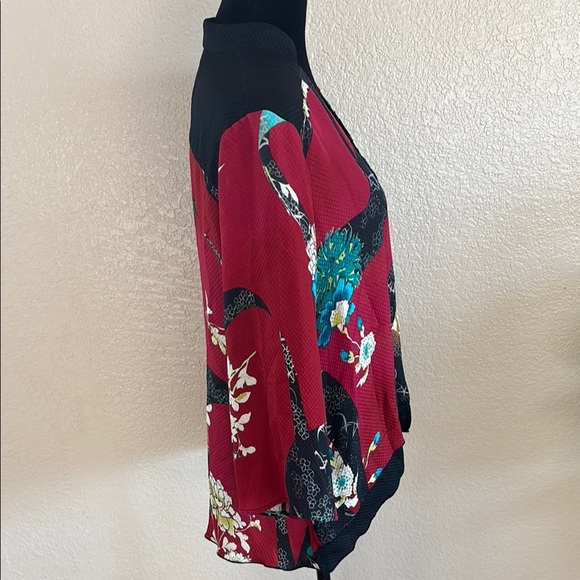 Citron Santa Monica 100% Silk Red Asian Inspired Floral Kimono Jacket - Picture 4 of 8